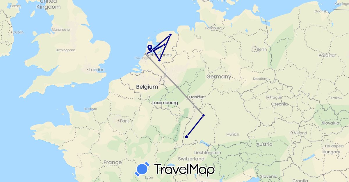 TravelMap itinerary: driving, plane in Germany, Netherlands (Europe)